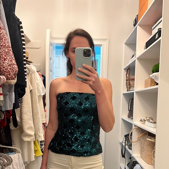 Zara Tops - Blue Sequin Bustier Blouse